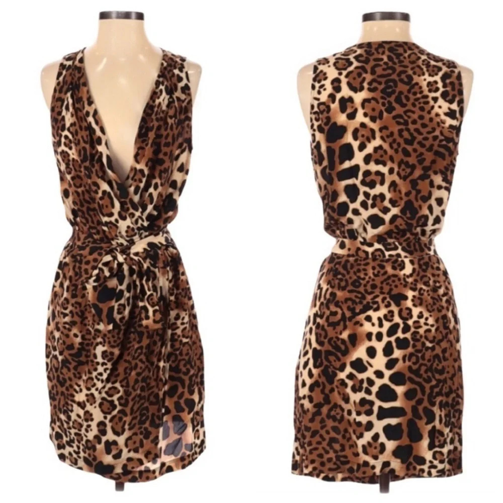 Nanette Lepore 100% silk leopard patterned wrap dress 2896